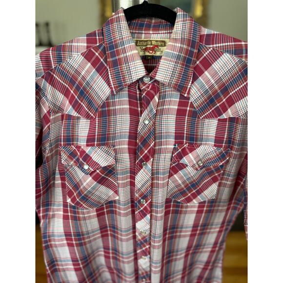 Vintage 90s Western Shirt, Youngbloods, Short Sleeve Snaps, Red White Blue Plaid - Picture 4 of 9